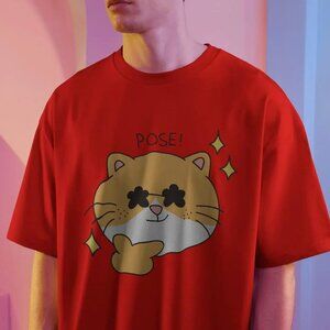 Pose Cat Graphic Green Tee, NEW